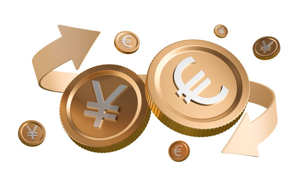 3D rendering of Yen and Euro coins with directional arrows on a white background, symbolizing currency exchange