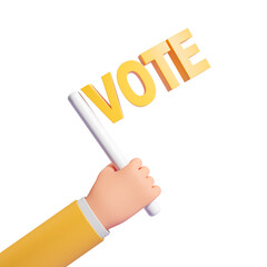 A hand holding a sign with the word VOTE in yellow letters. 3D rendering on a white background. Concept of voting and elections. 3D Rendering