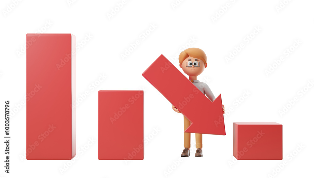 Poster cartoon man holding a downward arrow with decreasing bar graph blocks. simple 3d rendering style. wh