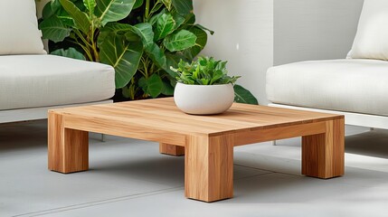 Modern wooden coffee table with a plant in a stylish living room setting.