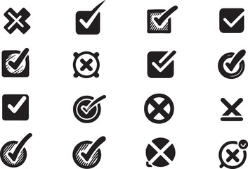 Set of Black Cross Mark and Check Mark Icon Vector illustration 