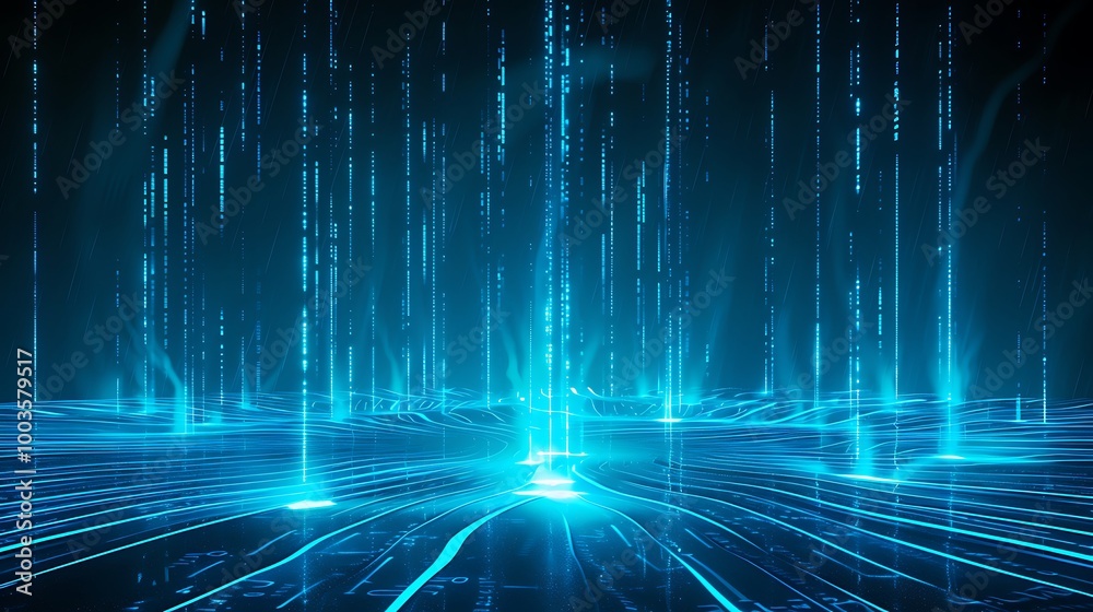Aufkleber Futuristic blue abstract digital background with flowing lines and glowing particles.