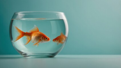 Two goldfish swimming in a small clear fishbowl with bubbles, dynamic motion
