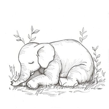 recommend clip art: A baby elephant is sleeping in the grass. The drawing is in black and white. The elephant is laying on its side with its trunk resting on its face