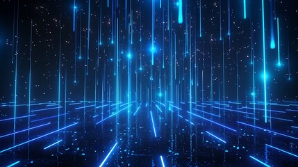 Obraz premium Futuristic digital background with blue laser lines in a dark environment, creating a sense of depth and motion.