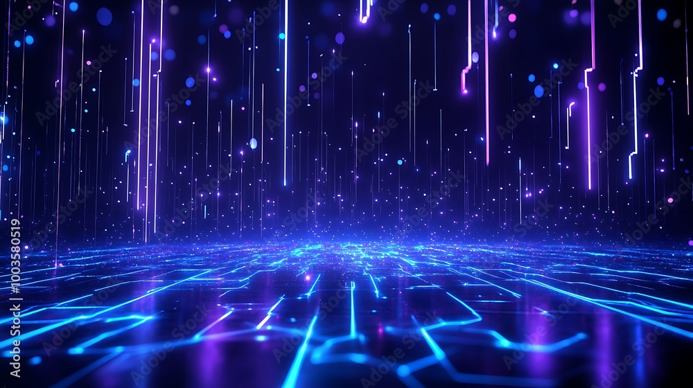 Poster Futuristic digital background with neon lights and circuit patterns, ideal for tech-related designs.