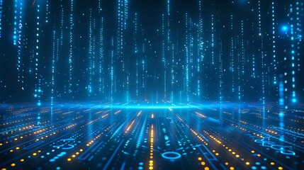 Futuristic digital background with glowing circuits and binary code forming a tech-inspired pattern.