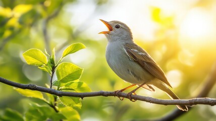 Bird singing on a branch in a sunlit environment, vibrant greenery in the background