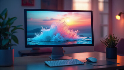 Fototapeta premium A computer monitor with a splash of water on the screen