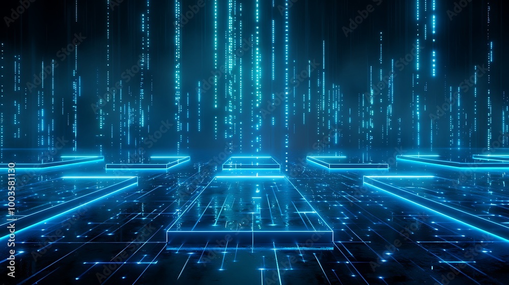 Poster futuristic digital landscape with glowing blue lines and binary code cascading in a dark space.