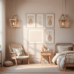 Mock up picture frame in children room interior background, neutral colours, 3D render