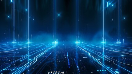 Futuristic digital landscape with glowing blue lines and circuitry patterns, creating an immersive tech environment.