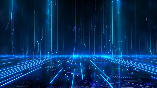 Futuristic digital landscape with glowing blue lines and circuitry effects.