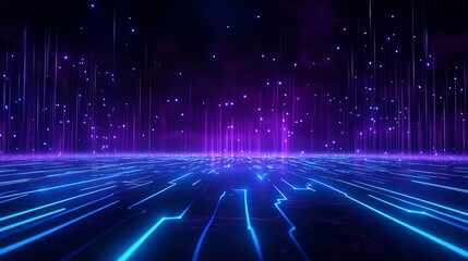 Futuristic digital landscape with glowing blue lines and purple lights on a dark background.