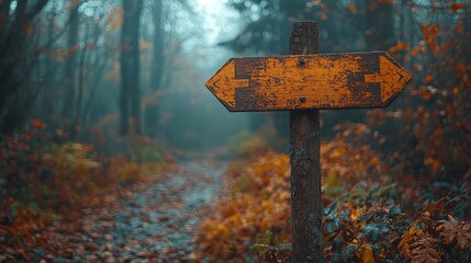 A weathered wooden signpost in a misty forest, indicating paths in autumn foliage.