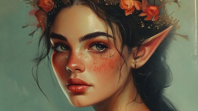 Mujer elfo, hermosa, joven, mirada c&aacute;lida. 