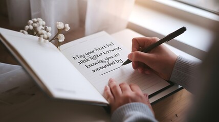 Person writing a condolence message in a notebook with a warm background
