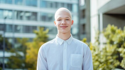 Happy Albino African American Young Man in White Shirt Outdoors, Diverse Representation for Advertising and Design