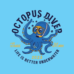 illustration of a octopus diver, diving, for a design tshirt