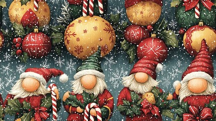 Christmas gnomes in a seamless pattern holding candy canes, with holly leaves, mistletoe, and large decorative ornaments. Snowflakes falling in the background,