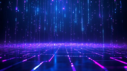 Futuristic neon lights creating a digital landscape with glowing lines and particles in a vibrant blue and purple space.