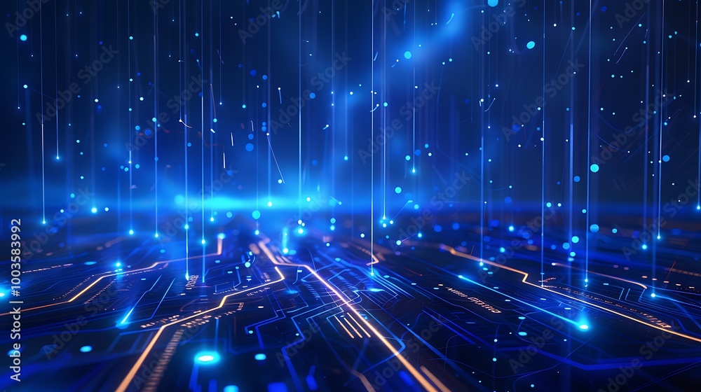 Poster glowing blue circuit board with digital lines and sparkling elements creating a high-tech background