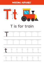 Tracing alphabet letters for kids. Toys alphabet. T is for train.
