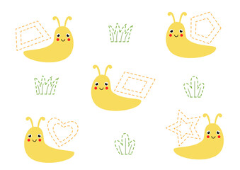 Tracing lines for kids. Cartoon cute snails. Handwriting practice for children.