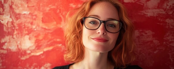 a ginger hair woman with glasses in front of a red textured background