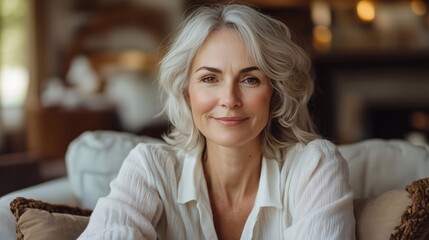 Happy 45 years old woman sitting on sofa at home. Smiling middle aged lady in living room at home. Mature female relaxing on couch.
