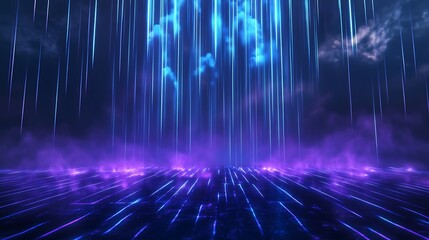 Vibrant light beams cascade through a dark atmosphere, creating an immersive and futuristic ambiance.