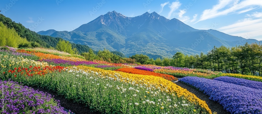 Canvas Prints Colorful flower field with a mountain range in the background.