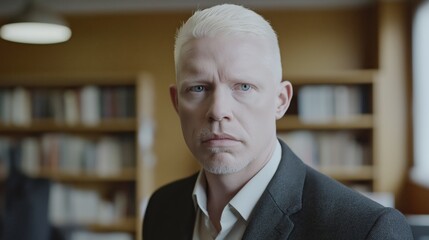 Naklejka premium Mid Shot of Middle Aged Albino Man in Formal Attire Posing in Modern Library or Office Setting for Business or Professional Portrait
