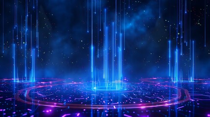 Vibrant neon lights create a futuristic digital landscape with shimmering beams and glowing patterns on a cosmic background.