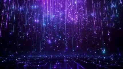Obraz premium Vibrant purple and blue digital rain with sparkling stars, creating a mesmerizing cosmic effect.