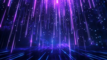Vibrant purple digital light rays cascade down in a futuristic style against a dark background, creating a dynamic visual effect.