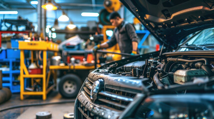 Fototapeta premium Mechanic inspecting engine with tools scattered around, symbolizing vehicle malfunction and repair process.