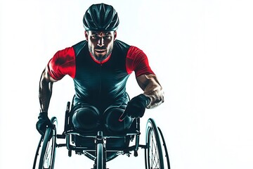 Athlete in wheelchair racing with determined expression, white isolate background