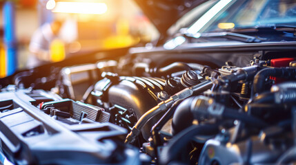 Mechanic inspecting engine with tools scattered around, symbolizing vehicle malfunction and repair process.
