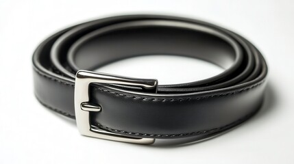 Black leather belt with a silver buckle on a white background.