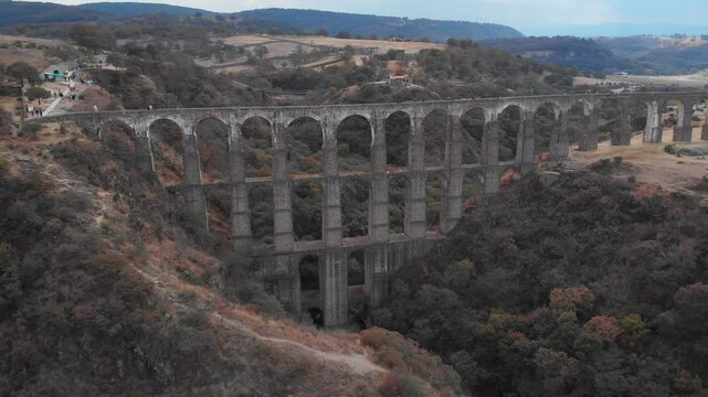 Aerial view of the arches of the site in Tepotzotlan, State of Mexico. Concept of nature and colonial architecture