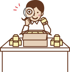 虫メガネを持ち商品チェックする作業員の女性。