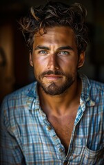 Obraz premium A man with a beard and blue shirt is smiling. He has a blue shirt with a plaid pattern