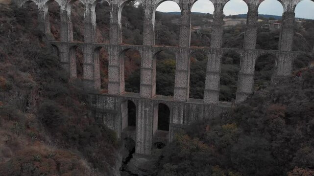 Aerial view of the arches of the site in Tepotzotlan, State of Mexico. Concept of nature and colonial architecture