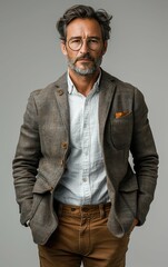 Fototapeta premium A man in a brown jacket and tan pants stands in front of a white background. He is wearing glasses and has a beard