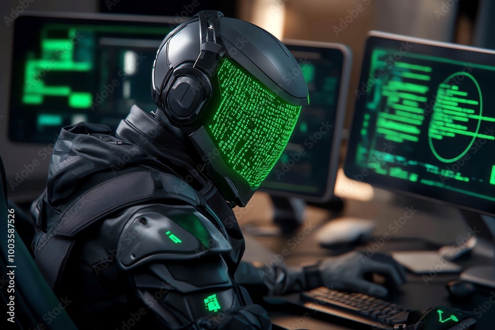 Poster Futuristic ethical hacking setup, where multiple holographic screens display glowing green code, cyber defenses, and advanced security protocols being tested