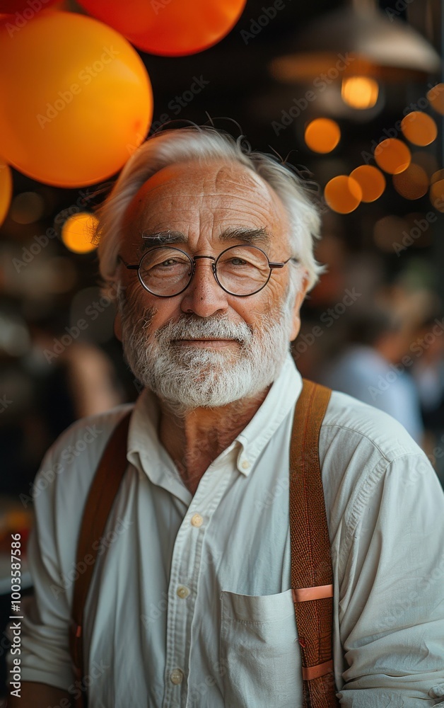 Wall mural A man with glasses and a white shirt is smiling. He is wearing suspenders and has a beard