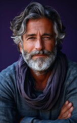 Obraz premium A man with a beard and gray hair is wearing a scarf and a sweater. He is smiling and looking at the camera