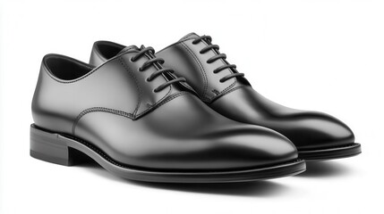 Elegant black leather dress shoes on white isolated background.