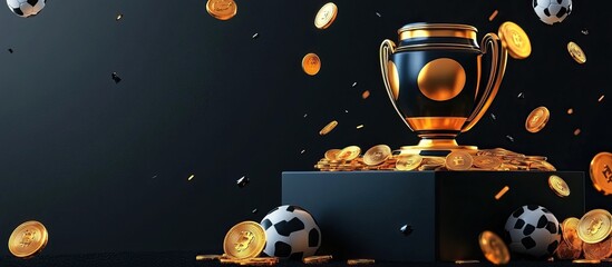 Golden Trophy on a Black Platform with Bitcoin and Soccer Balls